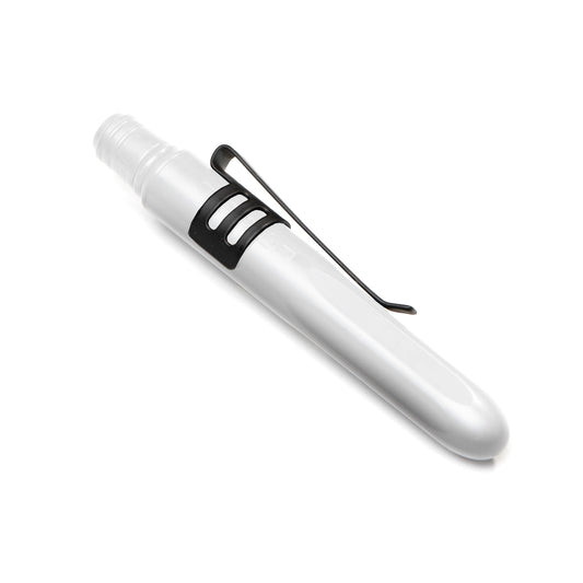A silver pen with a black clip attached to its side.