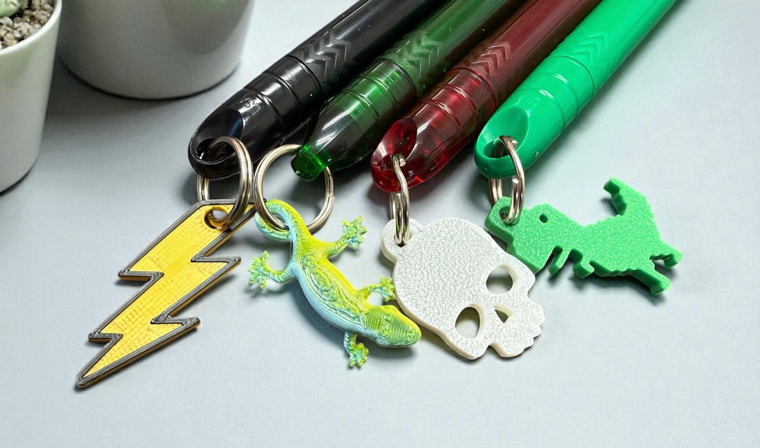 Collection of mini pens that have cute keychain charms attached
