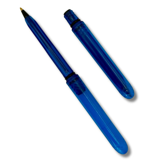 Blue pen with transparent cap on a white background
