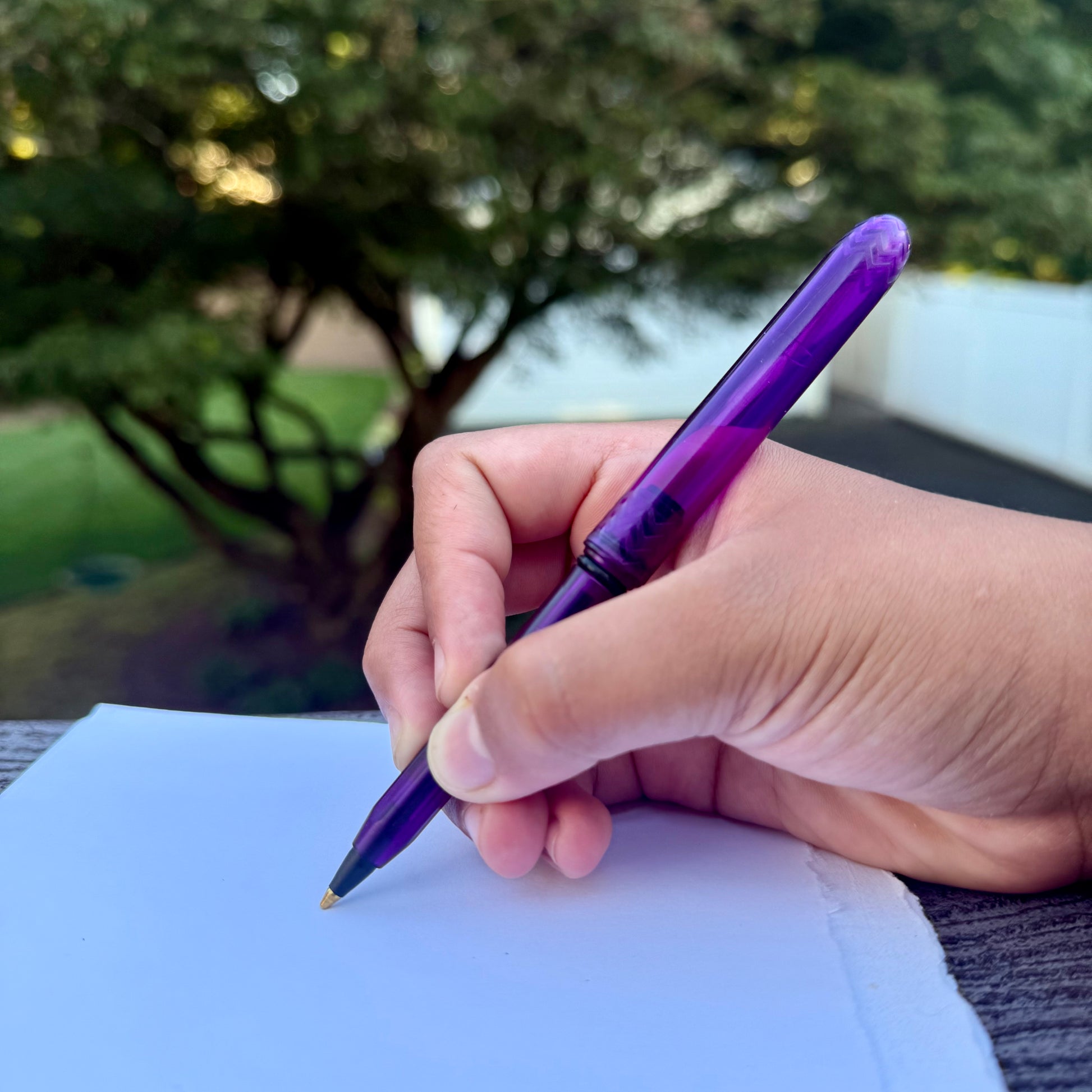 Hand holding a purple pen over a piece of paper with a blurred outdoor background
