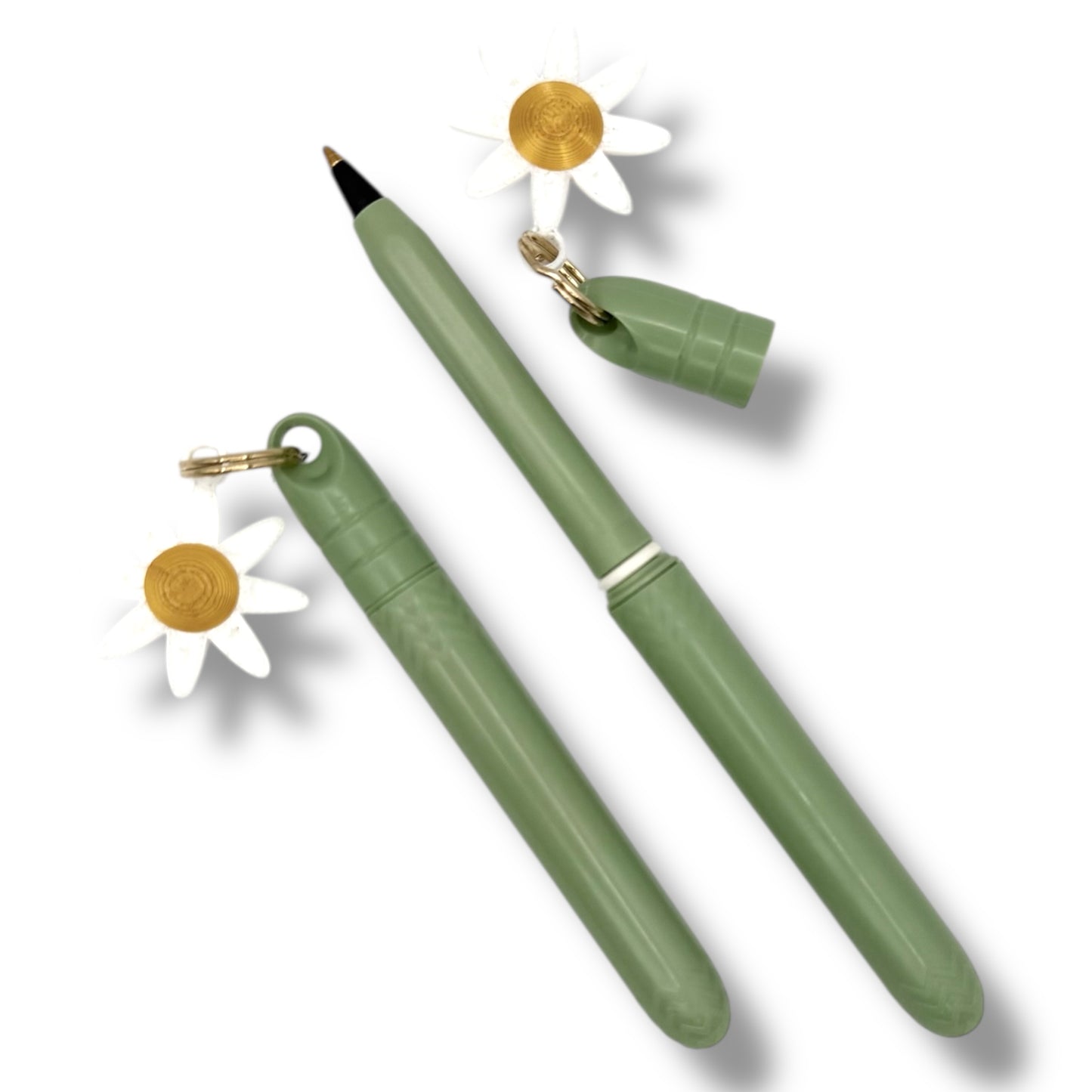 Green eyeliner pencil with gold cap and daisy decorations on a white background