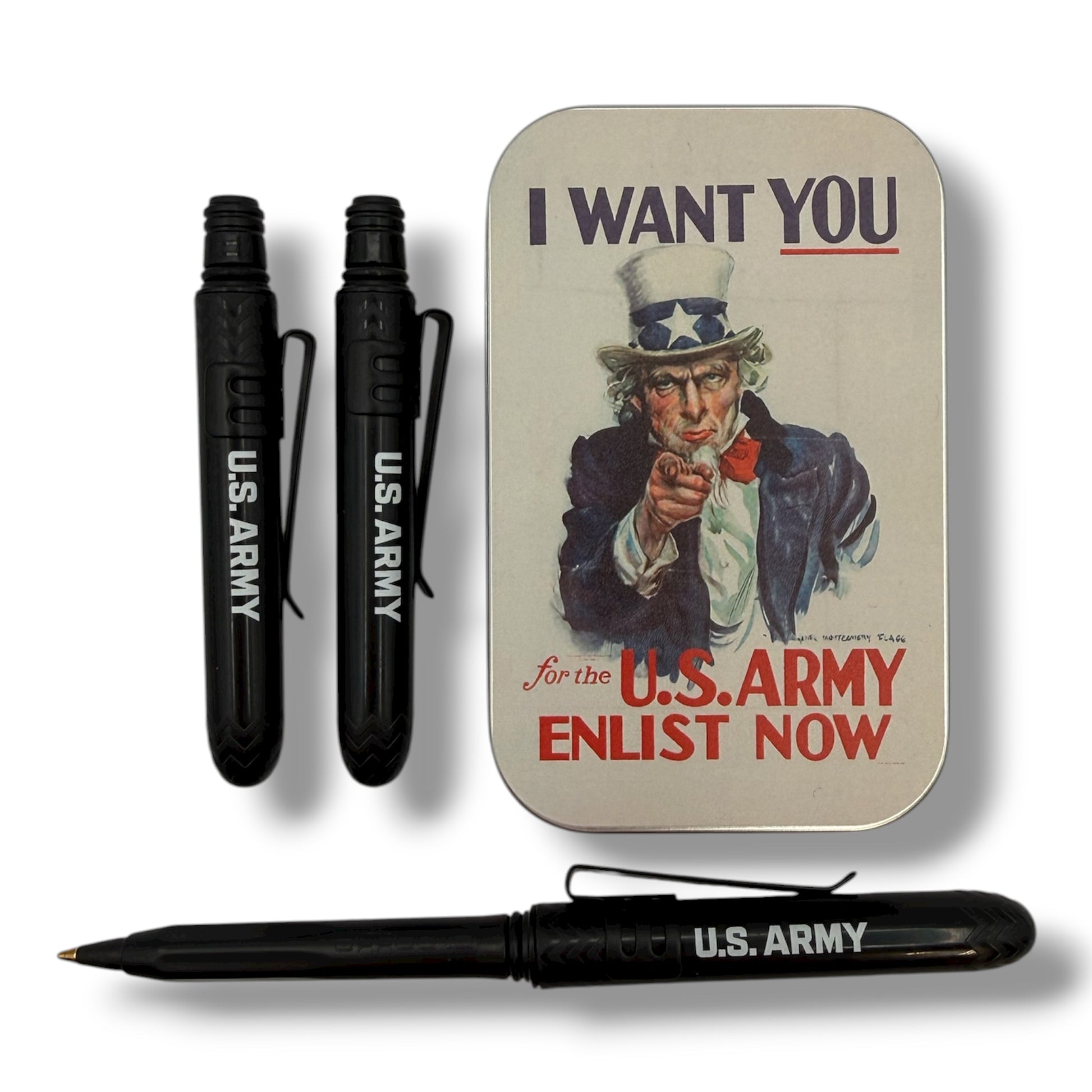 U.S. Army pen set with vintage-style packaging featuring Uncle Sam.