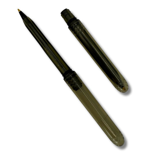 Pen with a transparent body and black accents on a white background